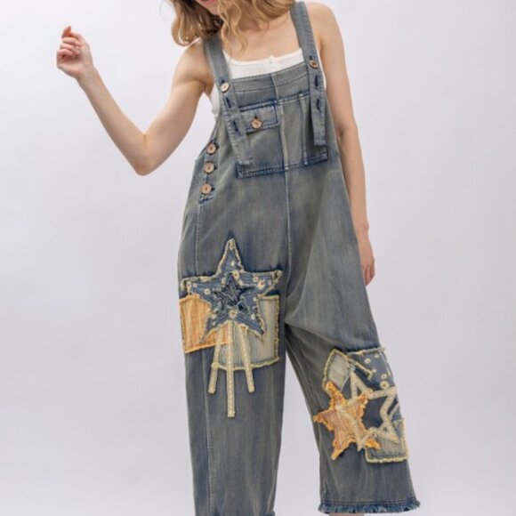 Patchwork Denim Bib Overalls - Picture 15 of 16